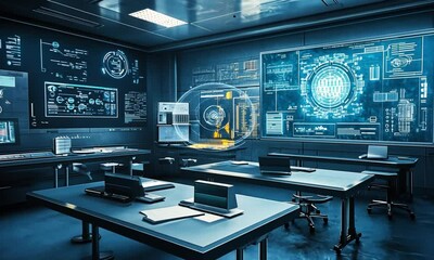 Poster - Futuristic control room with multiple large screens displaying complex data visualizations