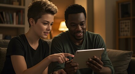 Young couple enjoys evening together, using tablet, sharing content, relaxed atmosphere, home setting.