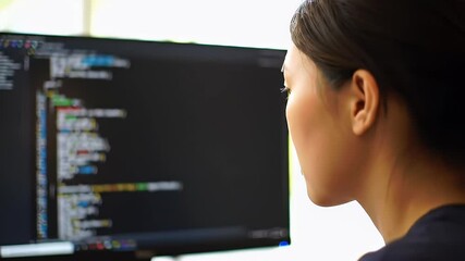 Woman studies colored code on monitor