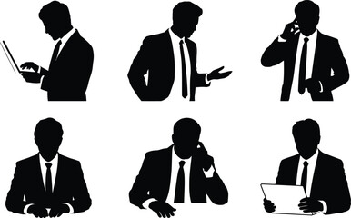 Poster - Six Black Silhouettes Businessmen Laptop Phone Tablet