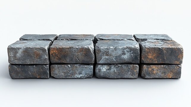Twelve Realistic 3D Rendered Grey and Rusty Stone Blocks Arranged in a Rectangular Formation on a White Background.  Perfect for Construction, Architecture, or Game Design.