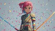 © Melll - Anime-style warrior with pink and blue hair, armored, holding swords amidst confetti against a pale sky