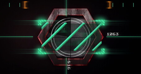 Poster - Displaying hexagon HUD sweeping green bars and scanlines at futuristic interface, numeric readout