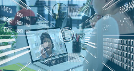 Poster - image overlaying digital interface on laptop during image call in office