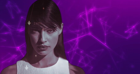 Poster - Analyzing data percentages, woman in school with purple abstract network background