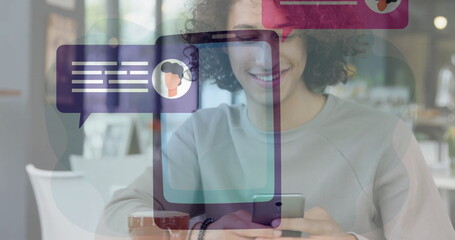 Poster - Using smartphone, person with social media chat bubbles and image overlay