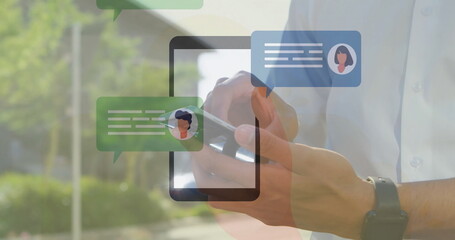 Poster - Using smartphone, person viewing image of chat message icons on screen