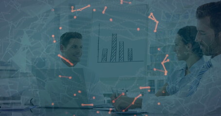 Poster - Three professionals wearing business attire analyzing bar chart in office, with network overlay