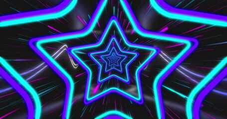 Poster - Forming nested neon stars creating glowing tunnel in abstract space, with cyan and magenta streaks