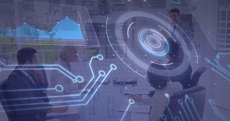 Poster - Presenting executive standing at head of table in office, with holographic charts and drone