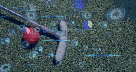 Poster - Aligning golf putter on putting green with red golf ball, showing holographic digital interface