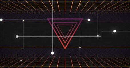 Poster - Floating nested neon triangles glowing in virtual space, among grid lines and glowing nodes