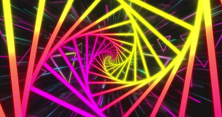 Poster - Spiraling neon polygonal frames creating tunnel in digital space, with multicolored light streaks