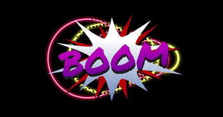 Poster - Showing purple BOOM text shadowing starburst in black, with red spikes and neon pink, yellow rings