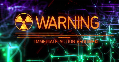Poster - Displaying hazard warning sign on high-tech control panel, with radiation symbol and neon circuits