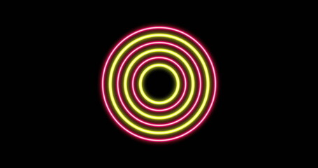 Poster - Glowing neon rings forming concentric target pattern on black background, with neon contrast