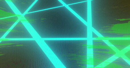 Poster - Forming intersecting neon turquoise and green glowing lines in digital screen, with noise texture