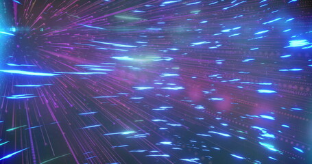 Poster - Streaming neon light streaks converging through digital tunnel, with glowing particles