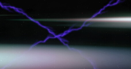 Poster - Pulsing purple lightning bolts crossing cosmic void center, with greenish and white light bands