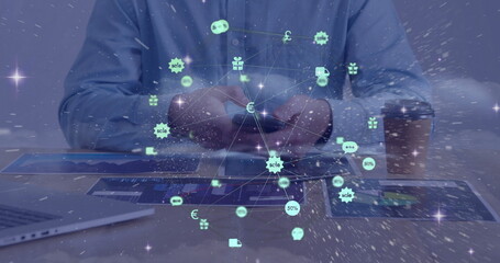 Poster - Examining smartphone while wearing button-up shirt in office, with laptop amid network overlay