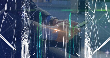 Poster - Viewing data overlay on smartphone, man in suit, wristwatch sitting on lounge bench, with suitcase