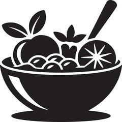 Wall Mural - A black and white graphic of a bowl filled with fruit and a spoon on a white background design art