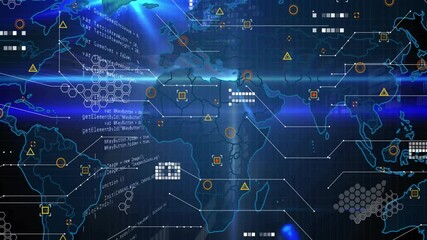 Poster - Glowing beam initiating map outlines loading continents, fading code and spawning analytics charts