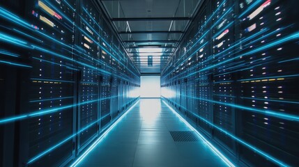 Poster - Server racks with blue light trails in a modern data center corridor, symbolizing data flow and network activity