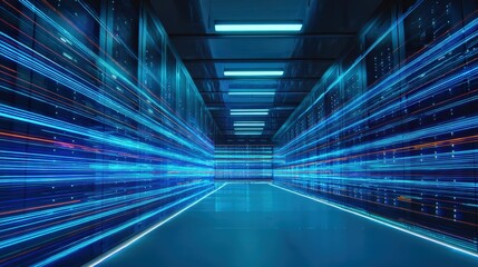 Poster - Server racks illuminated by light trails, visualizing rapid data transfer in a cutting edge data center filled with advanced technology