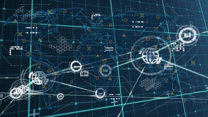 Poster - Dark grid expanding causing globe appearing, data nodes connecting illustrating global network