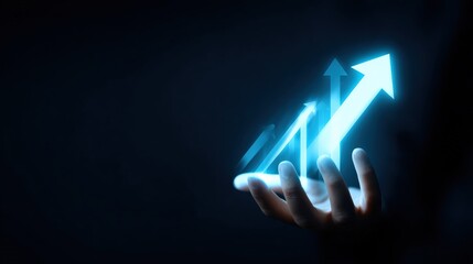 Poster - Hand holding a growing chart made of glowing blue arrows, representing business growth, success and positive trend on a dark background