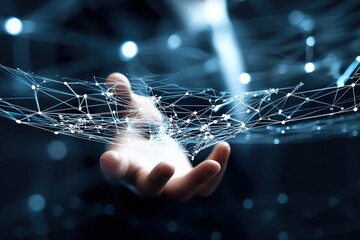 Poster - Hand interacting with glowing digital network, symbolizing connection between business and technology in cloud software development