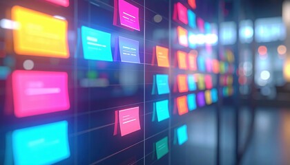 Poster - Vibrant digital interface displaying colorful notifications and icons on a modern technology screen in an abstract digital environment