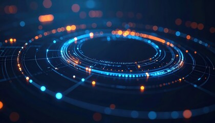 Poster - Futuristic digital interface with glowing circular elements and dynamic light effects representing technology innovation and advanced data visualization