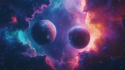 two glowing planets in a colorful nebula with vibrant cosmic clouds surrounding them in space.