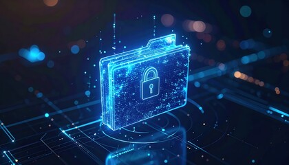 Poster - Digital Security Lock Folder Icon Hologram in Futuristic Abstract Tech Background with Blue Light Effects and Data Connectivity Visualization
