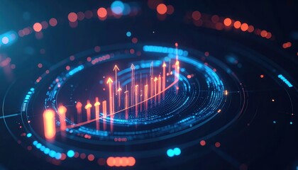 Poster - Futuristic digital data visualization with glowing holographic charts and vibrant arrow indicators representing growth and technological innovation