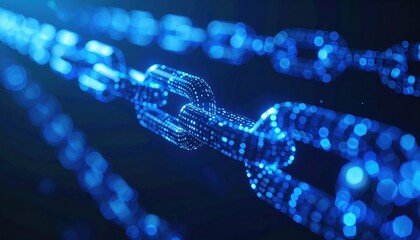 Poster - Highly detailed digital illustration of interconnected glowing chain links representing blockchain technology with a futuristic blue background for digital security and innovation