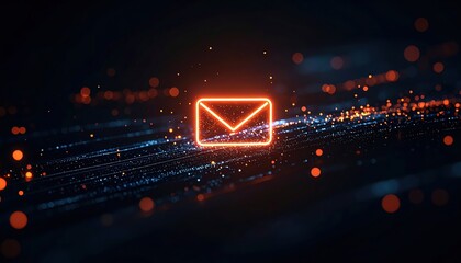 Poster - Neon email icon glowing with digital data trail on dark background representing electronic messaging communication technology and network connectivity