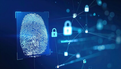 Poster - Close up of a digital fingerprint scan on a futuristic fingerprint scanner with security icons and data network connections for biometric authentication technology