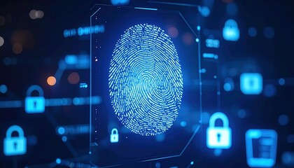 Poster - Advanced digital fingerprint scanner technology interface with secure biometric authentication system in a futuristic cyber security environment