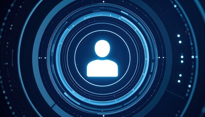 Poster - Digital user interface concept with a glowing user icon at the center surrounded by concentric circles and data lines representing cybersecurity and technology themes