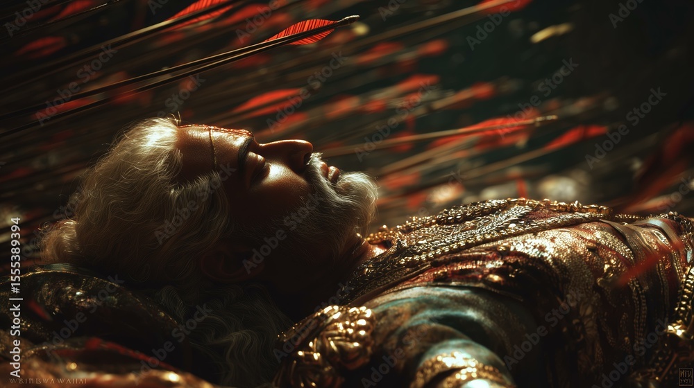 Bheeshma Raining Arrows Photorealistic depiction of Bhishma from the Mahabharata, lying on a ...