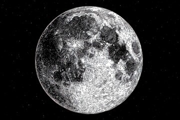 engraved moon with craters in detailed style against a starry transparent background