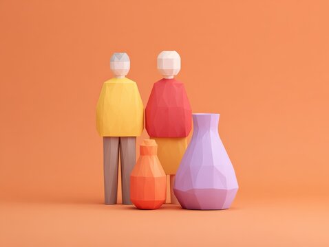 Abstract family concept with figures, vases, colorful, geometric shapes, art design, minimalistic