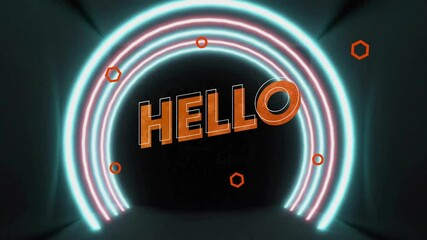 Poster - Neon arches sliding behind 3D HELLO text, orange shapes orbiting and pulsing to showcase branding