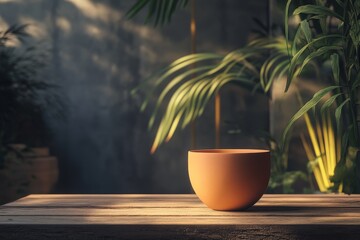 Poster - Terracotta bowl on a wooden surface amidst lush greenery.