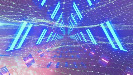 Aufkleber - Viewer entering neon tunnel activating grid shifting into waves as nodes streaming for data flow