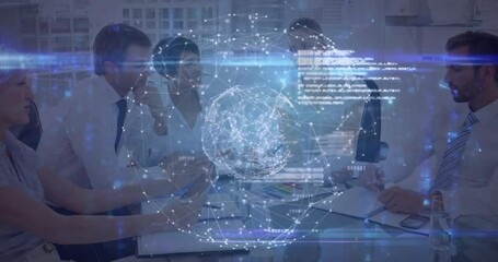 Poster - Business team entering data triggers holographic globe generating code visuals for network analysis