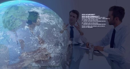 Poster - Business team collaborating as globe appearing with code, typing notes, gesturing driving strategy